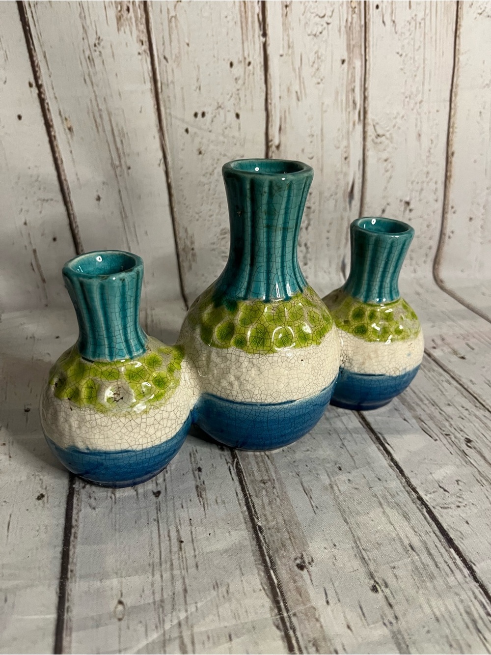 Three Flower Bud Vase Cluster Teal Multiple Colors Textured Pottery